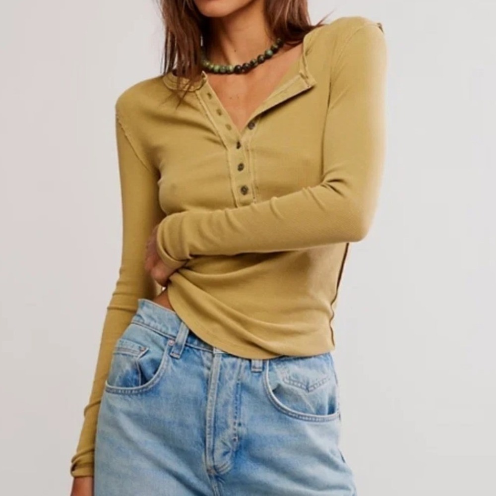 Free People Slim Ribbed Long-Sleeve Henley, Dried Tobacco, Size XS NWT